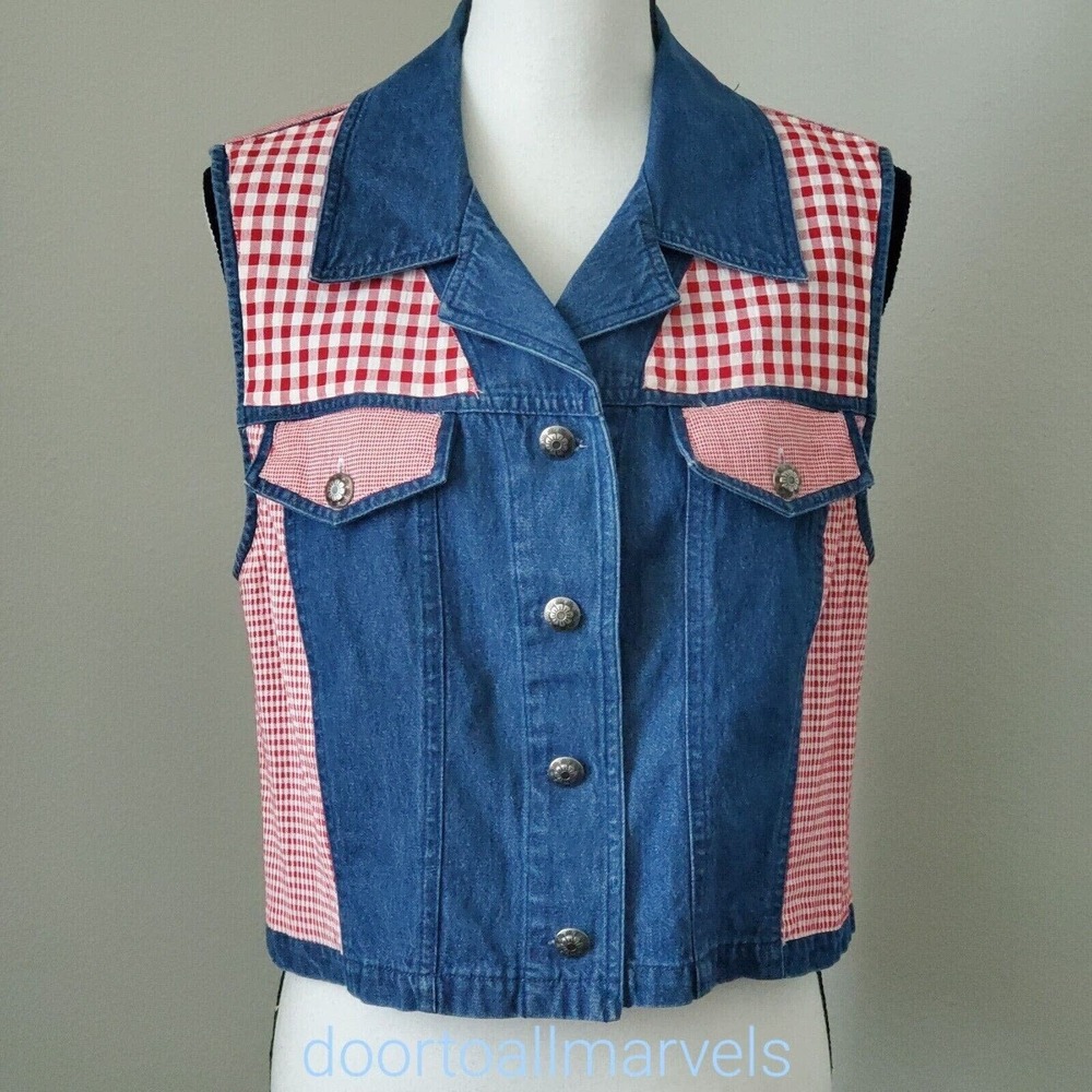 Vintage Stonebridge Cropped Denim Vest Plaid sz 8 Cottage Western Americana